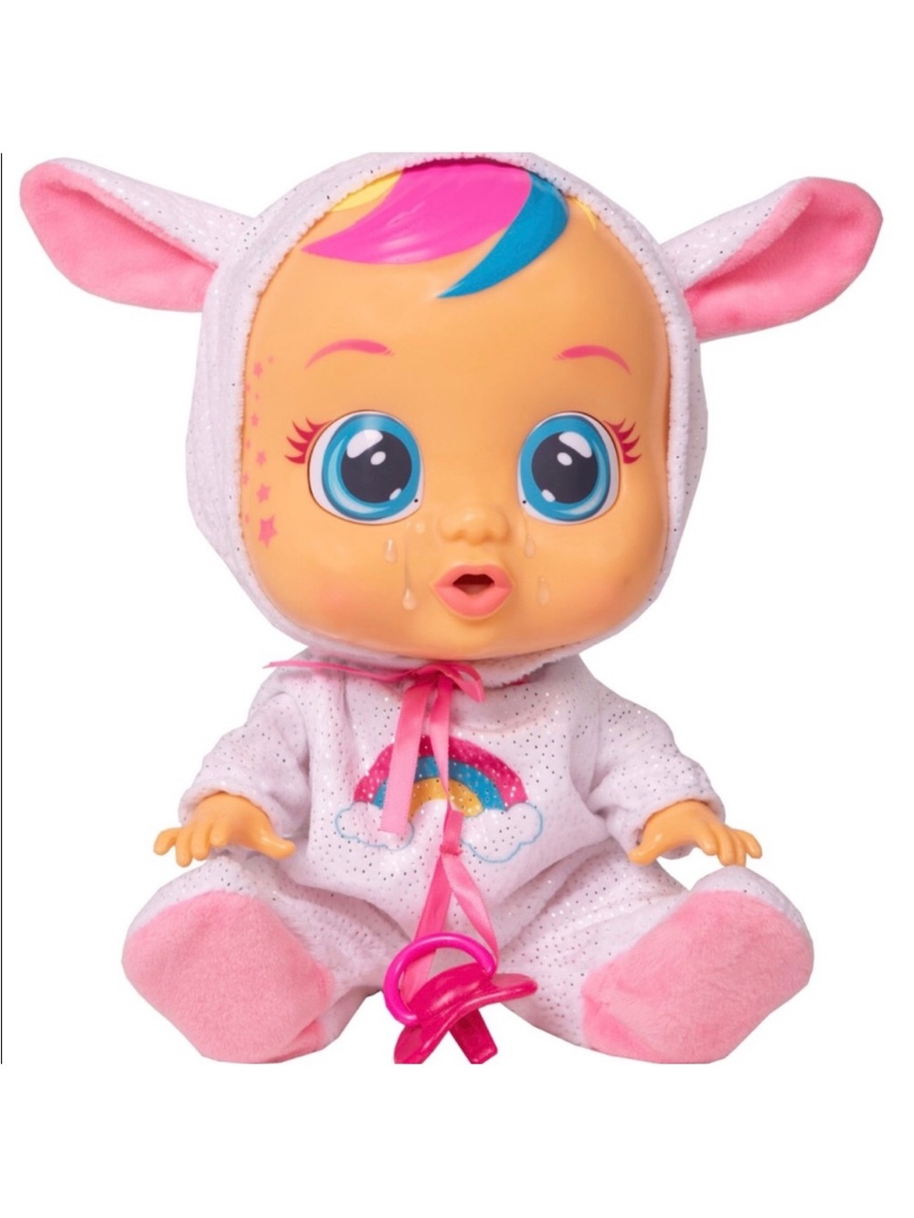 Cry Babies Interactive Crying Baby Doll Rainbow Pajamas Pink Blue Hair Pacifier